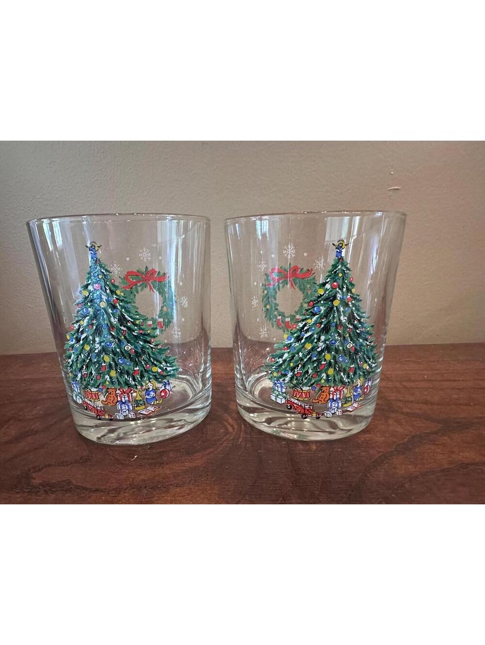 Salem Noel Christmas Tree and Wreath Lowball Rocks Glasses Set of 2